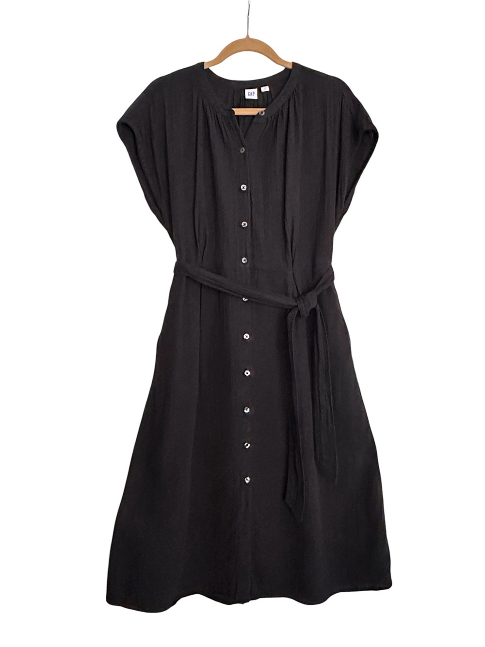 GAP Black 100% Cotton Crinkle Gauze Midi Shirtdress Casual Tie Waist Size Medium - Picture 2 of 13